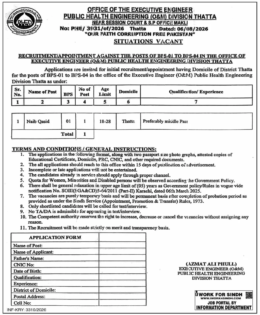 Office of the Executive Engineer, Public Health Engineering (O&M) Division Thatta, Government of Sindh Jobs 2026