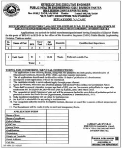 Office of the Executive Engineer, Public Health Engineering (O&M) Division Thatta, Government of Sindh Jobs 2026