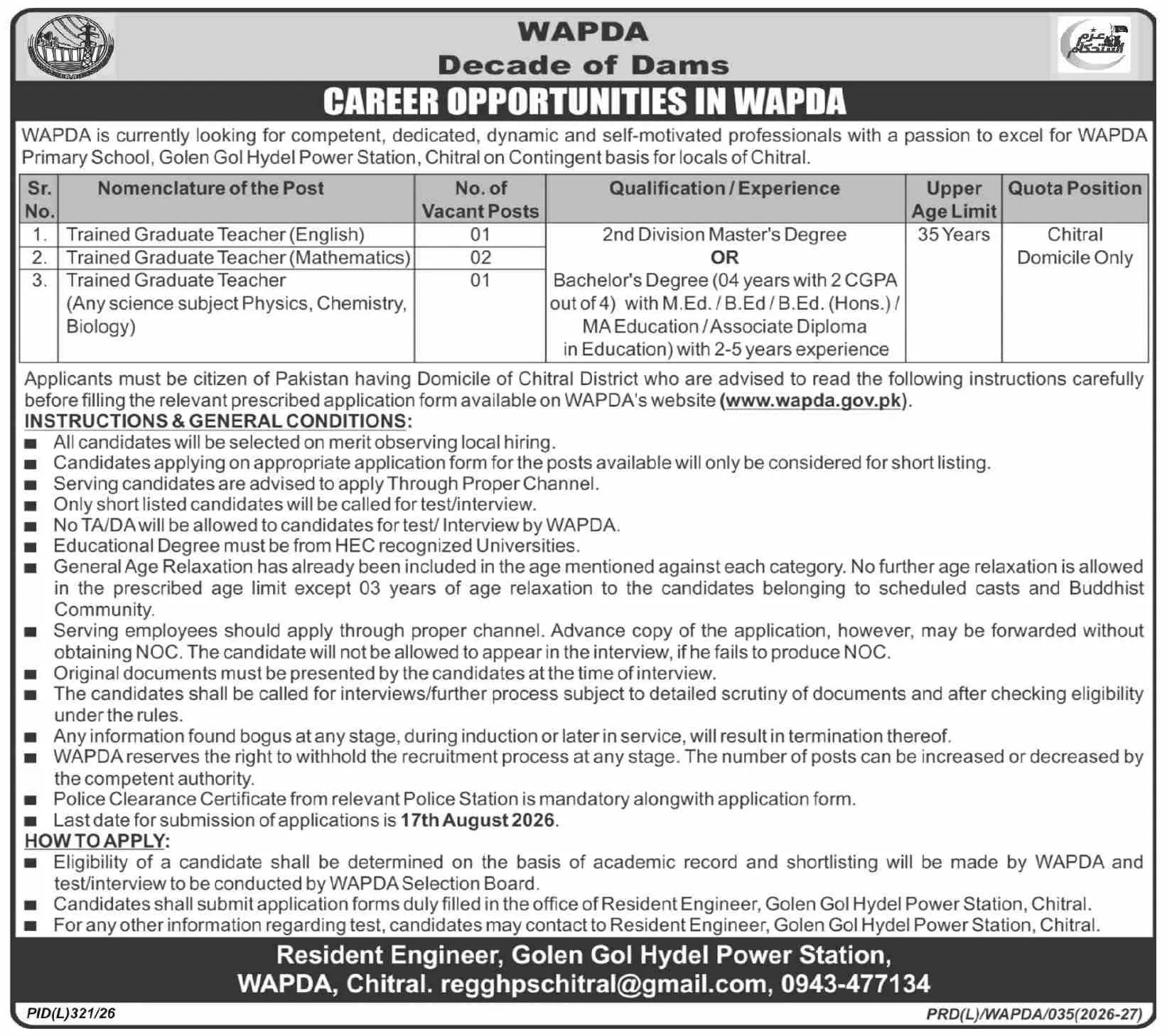 WAPDA Primary School, Golen Gol Hydel Power Station Jobs 2026